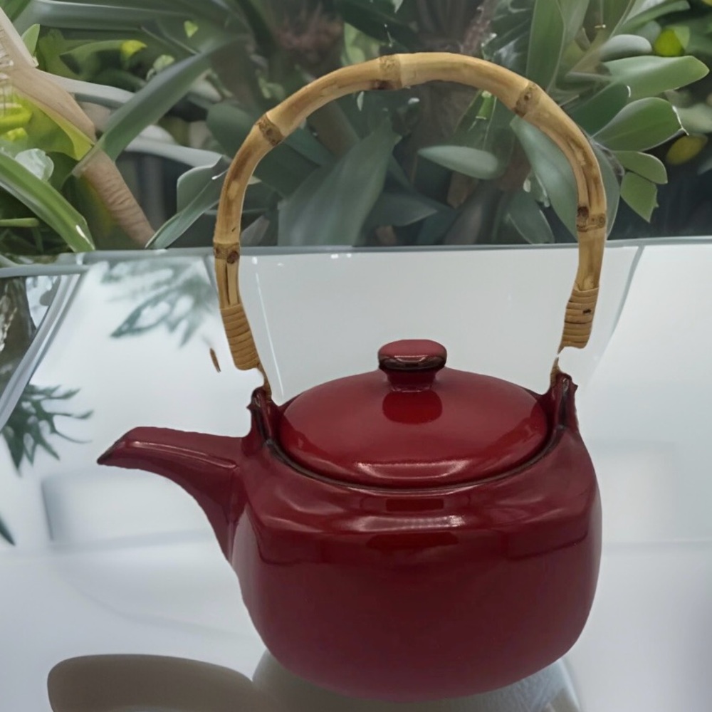 Vintage Southern Living At Home Red Harmony Old Porcelain Teapot w Bamboo Handle